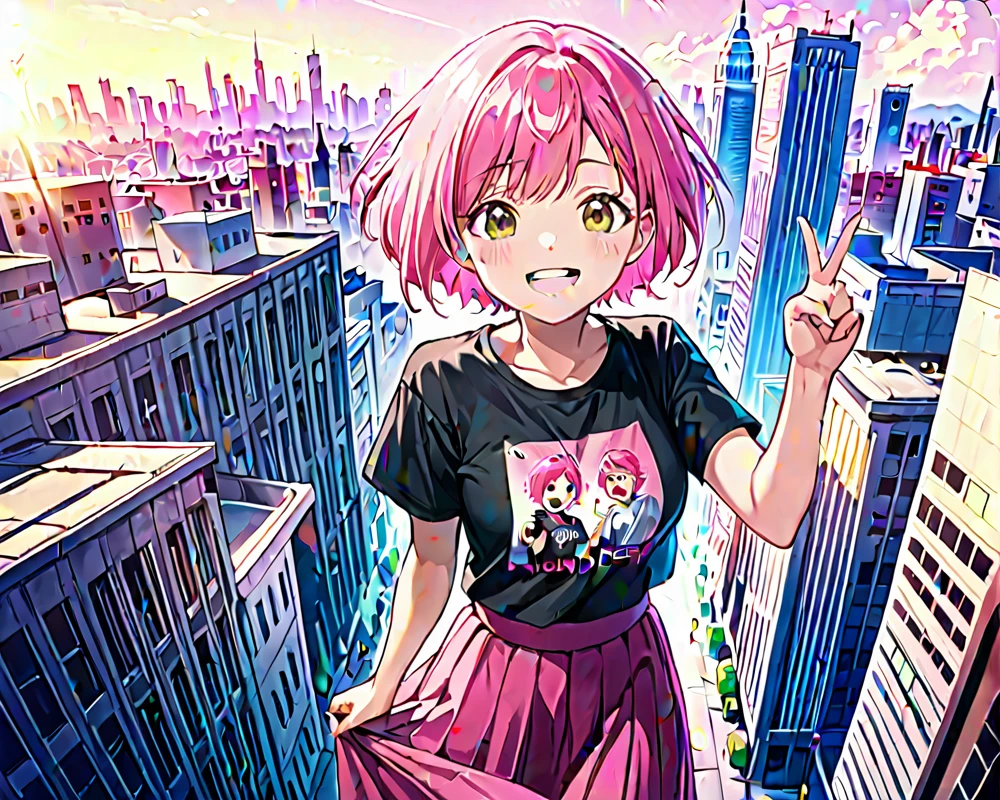 1girl, 4years , short hair, pink hair color, city, use tshirt and long skirt (important), laughing, wonderfull cinematic, look at viewer, finger victory shape
