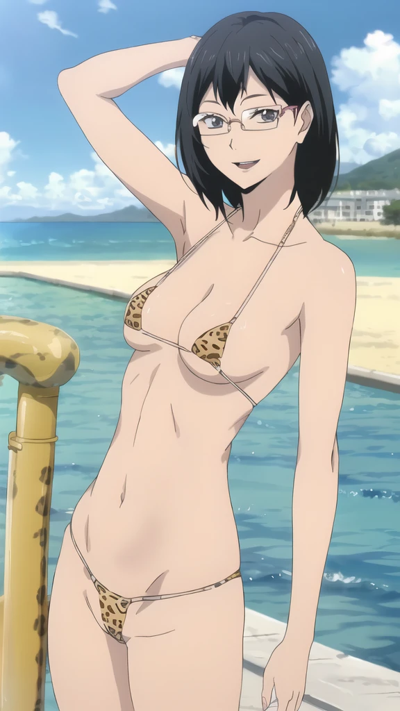 (masterpiece, 4K, Highest quality, anime style: 1.9, Detailed face, Lovely, Ocean,bold, High resolution, anime, Lake 4. alone, Curvaceous, Very slim belly, Cowboy Shot, 1 Girl,,(Leopard print micro bikini),,smile,Please open your mouth wide,View your viewers,Big Breasts,Naked in a swimsuit,Black Hair,Mole under the mouth,Grey Eyes,Rimless glasses,Mole under the eye,bangs,Medium Hair,Place your right hand behind your head,Place your left hand on your hip