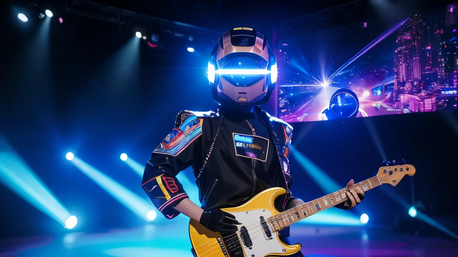 Create in 8k, uhd, A SYBER ROBOT PLAYING ELETRIC GUITAR ON A STAGE super iluminado , SIMULATING OUTER SPACE, metallic golg uniform color