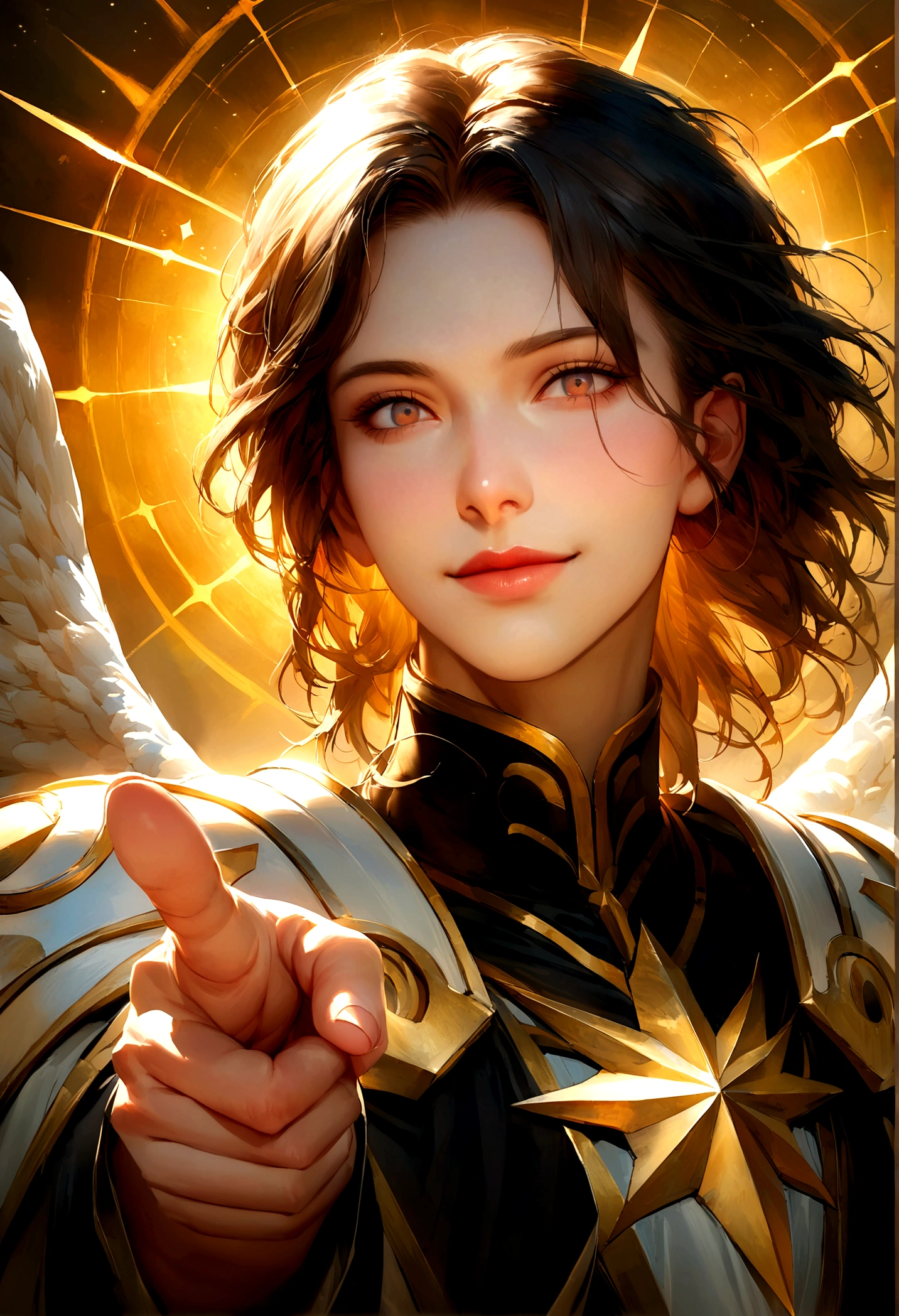 Face close-up,Archangel Michael, The most powerful and merciful of the Archangels in divinity, It has a majestic appearance. He is tall, With hair as golden as the sun. White wings purer than the most pristine clouds rose from his shoulders.々It was growing., It shines brighter than even the brightest stars.. Your eyes, Deep and calm, It seemed like he held the secrets of the universe., When his presence emanated an aura of calm and power.. . Clad in celestial armor decorated with sacred symbols, He sheds light、I have a divine sword that cuts through the darkness.. His face is calm, Pointing at the world below, looking down at the world above, Point your finger straight down,Often smiles with an aura of warmth and comfort, dynamic, Image Enhancement, Shape of a dream, Vibrant, Realistic Face, Highest quality, Deluxe, A sharply focused masterpiece.
