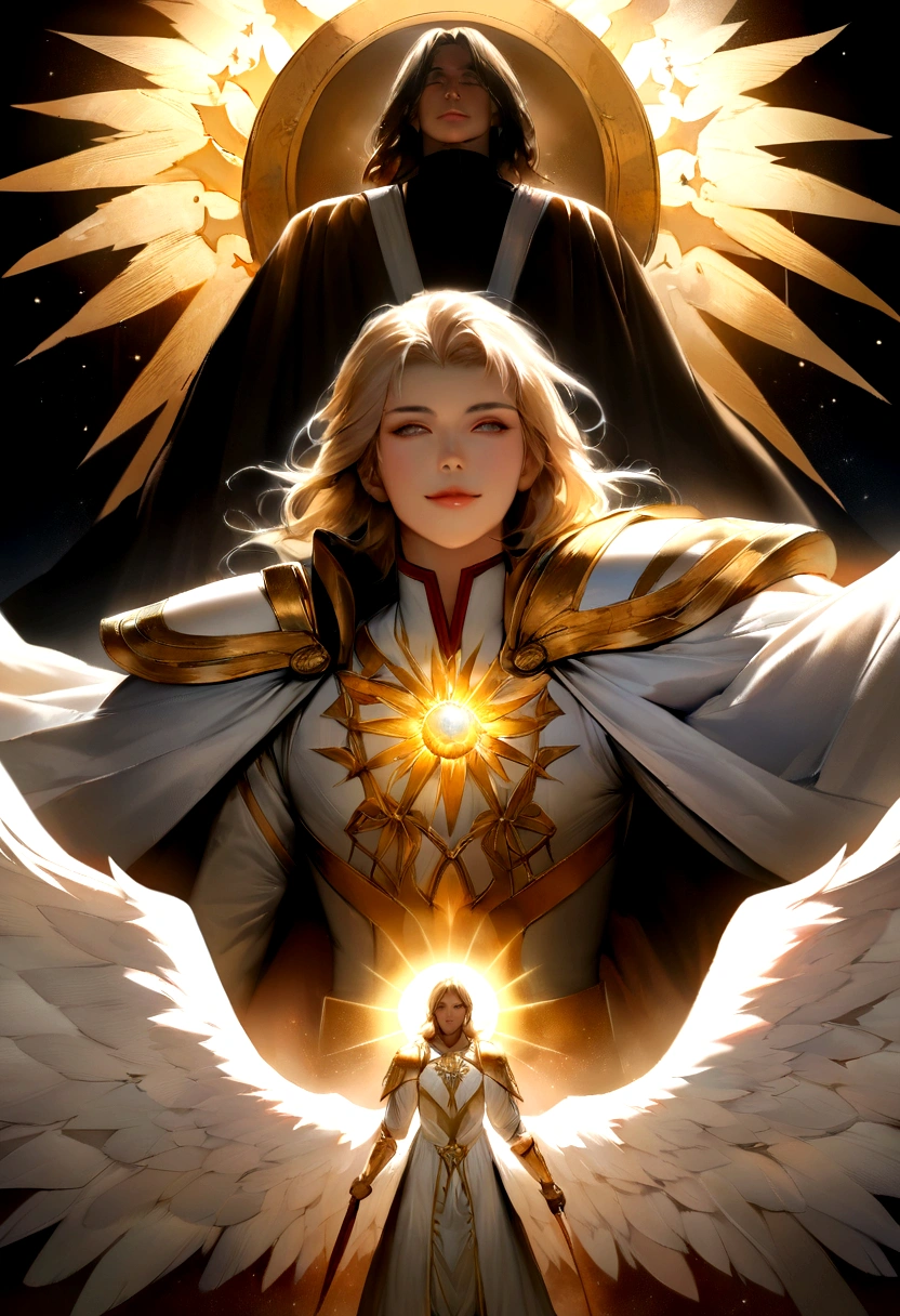 Face close-up,Archangel Michael, The most powerful and merciful of the Archangels in divinity, It has a majestic appearance. He is tall, With hair as golden as the sun. White wings purer than the most pristine clouds rose from his shoulders.々It was growing., It shines brighter than even the brightest stars.. Your eyes, Deep and calm, It seemed like he held the secrets of the universe., When his presence emanated an aura of calm and power.. . Clad in celestial armor decorated with sacred symbols, He sheds light、I have a divine sword that cuts through the darkness.. His face is calm, Pointing at the world below, looking down at the world above, Point your finger straight down,Often smiles with an aura of warmth and comfort, dynamic, Image Enhancement, Shape of a dream, Vibrant, Realistic Face, Highest quality, Deluxe, A sharply focused masterpiece.
