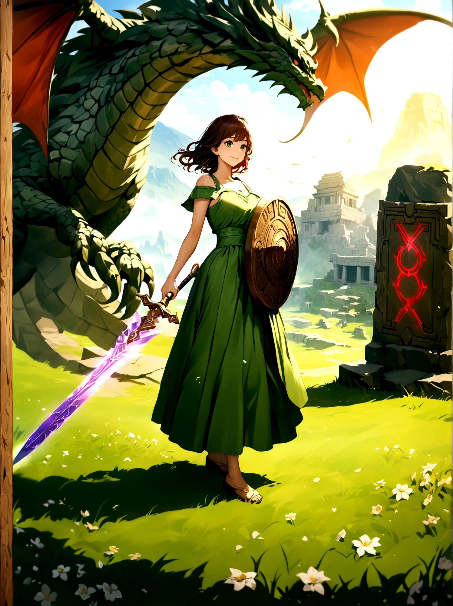 Adventurer princess, (green dress:1.2), short brown hair, big eyes, smiling, holding sword and shield, ancient temple, mysterious maze, mysterious runes, old stone tablet, green grass, (flowers:1.1), magical elements, flying dragon, mysterious creatures, charming scenery, dynamic battle, dreamy atmosphere, outdoor, rich colors, epic scene, fine and delicate light and shadow, evening, sunny, full body, from above, nice hands, perfect hands, 8k, Best quality, photorealistic