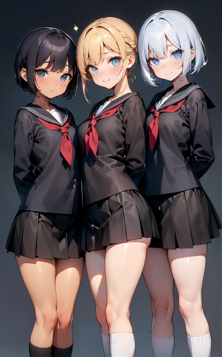 (Cute eyes:1.2), (Sparkling eyes:1.2),(Beautiful Eyes:1.2), Highest quality,wonderful,finely,Highly detailed CG Unity 8k wallpaper, (The three of them lined up and hugged:1.3),(Height difference:1.5), (Three Girls, Sailor suit, Skinny body, Dressed), (Huge breasts), (Open your mouth:1.1),(Black knee socks:1.1),(Thighs:1.3),(Waistline:1.2),(お揃いのSailor suit:1.2),(From behind:1.2),(Beautiful eyes:1.2),(Different hairstyle),(All three have different eye colors:1.5),(All three have different skin colors:1.5),(Thighsまで隠れるニーソックス:1.2),(Very short skirt:1.3)