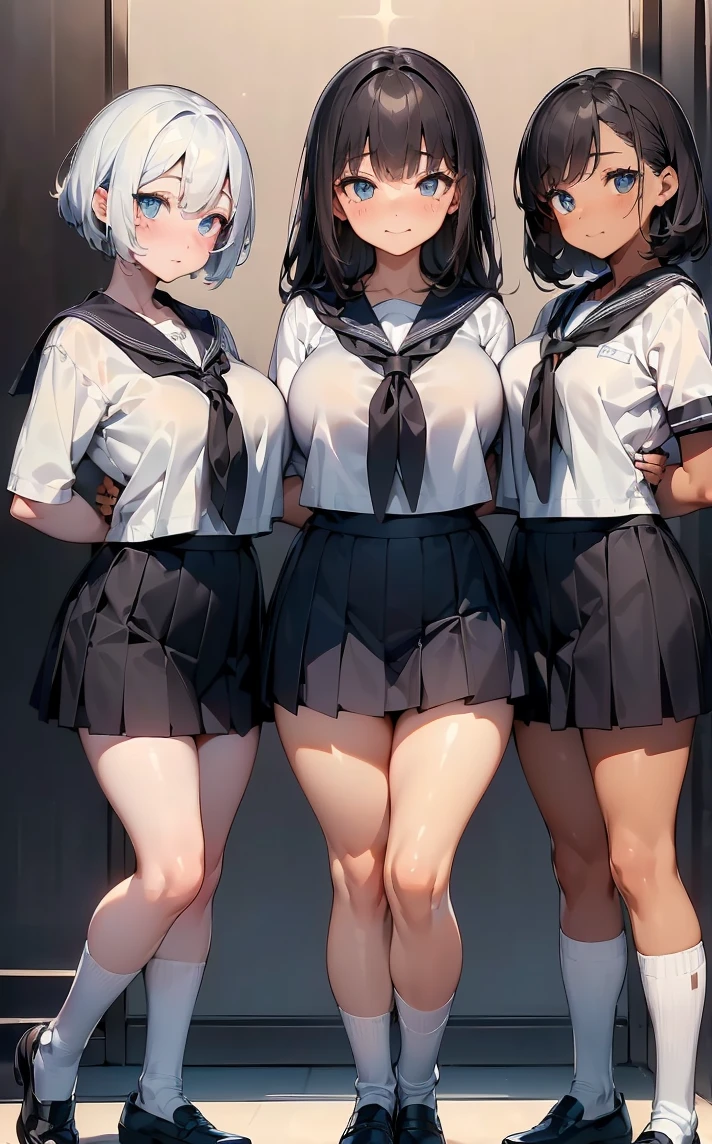 (Cute eyes:1.2), (Sparkling eyes:1.2),(Beautiful Eyes:1.2), Highest quality,wonderful,finely,Highly detailed CG Unity 8k wallpaper, (The three of them lined up and hugged:1.3),(Height difference:1.5), (Three Girls, Sailor suit, Skinny body, Dressed), (Huge breasts), (Open your mouth:1.1),(Black knee socks:1.1),(Thighs:1.3),(Waistline:1.2),(お揃いのSailor suit:1.2),(From behind:1.2),(Beautiful eyes:1.2),(Different hairstyle),(All three have different eye colors:1.5),(All three have different skin colors:1.5),(Thighsまで隠れるニーソックス:1.2),(Very short skirt:1.3)