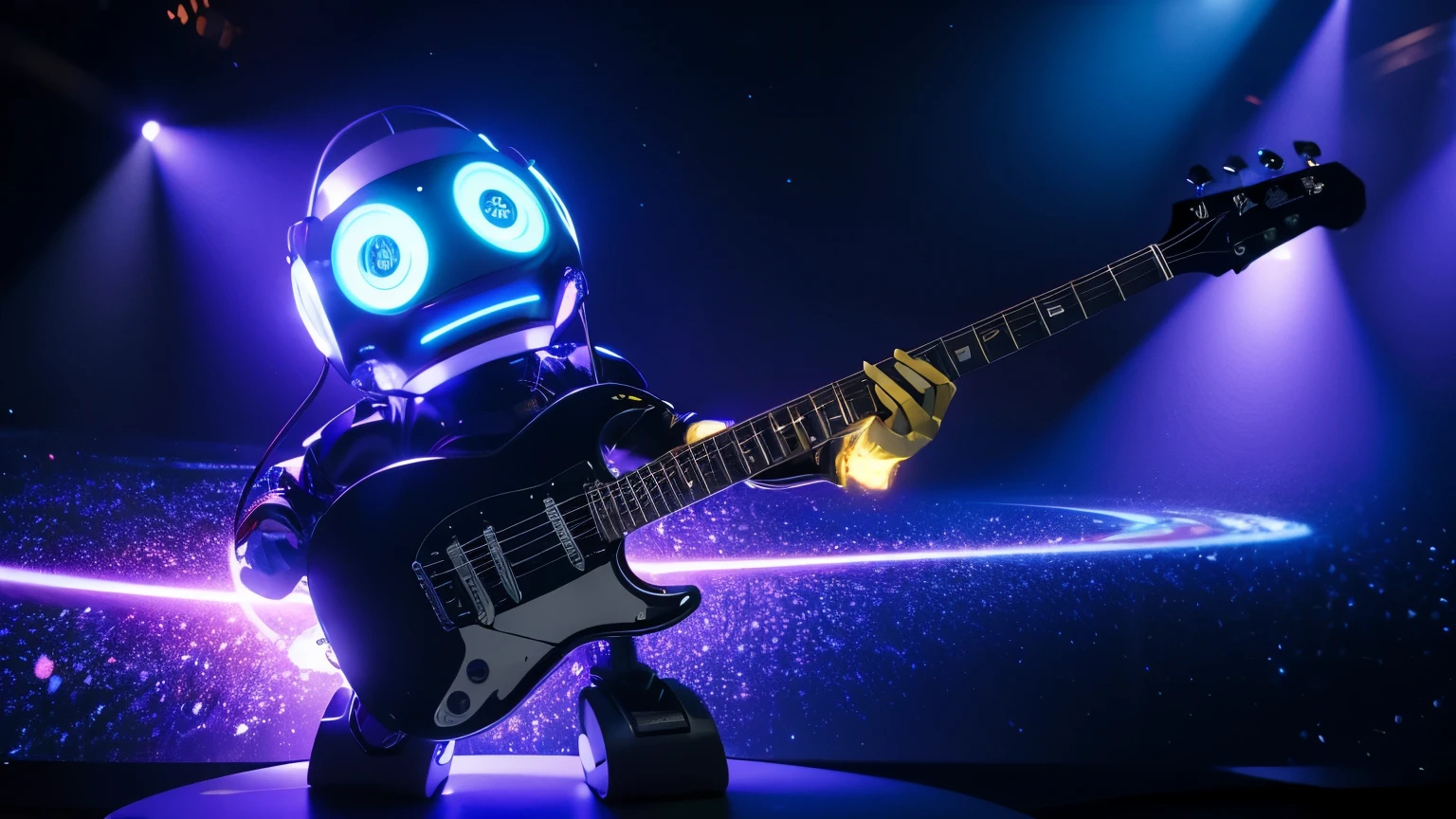 Create in 8k, uhd, A SYBER ROBOT PLAYING ELETRIC GUITAR ON A STAGE super iluminado , SIMULATING OUTER SPACE, metallic golg uniform color
