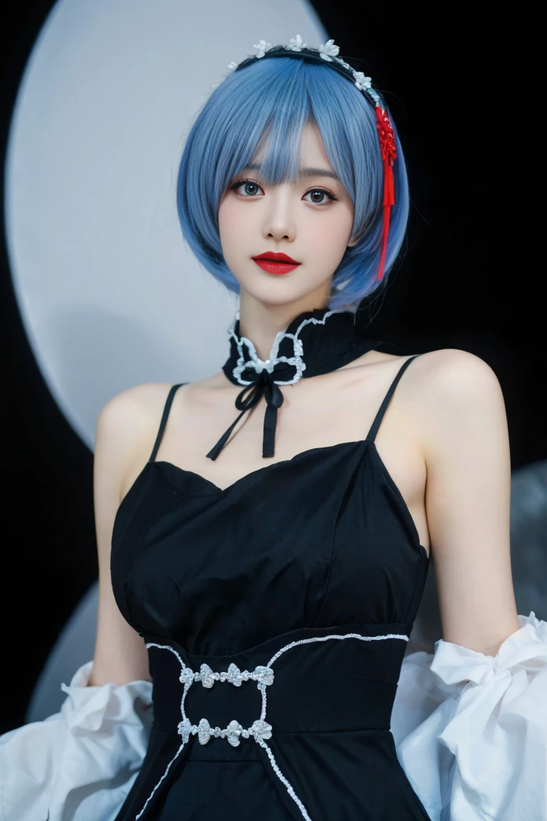 best quality, tmasterpiece,Ultra-high resolution,Clear face,(Reality:1.4),ferpect lighting,(upper body:1.3), (photorealistic:1.50), anime wallpaper, Guviz style artwork, cover-up fantasy up to magic , by Yang J, Guviz, beautiful artwork illustration, beautiful digital artwork, beautiful digital illustration, Li Song, beautiful anime portrait, art style in Beauvot, black nightgown, see-through, yinziping,1girl, 独奏, (blue hair:1.5), short hair, hair ornament, hair ribbon, anklet, dress, black hair, standing, (Chinese dress:1.3), black dress, Hanfu, cheongsam, outdoor, Trees, cherry blossoms falling, Night sky, temple,