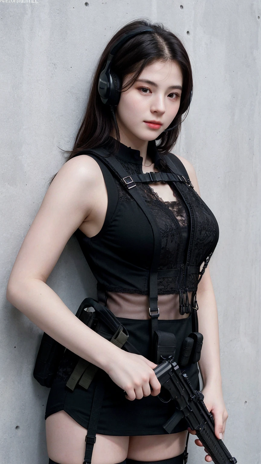 ((best quality)), photorealistic, photorealism, Photorealistic, high resolution, 1girl aiming with an assault rifle, Beautiful, Baby Face, 20 Years Old, White Skin, pale skin, Large Breasts, huge breast, Combat pose, looking at the camera, (Detailed face), short hair, sexy body, (wearing black lace dress, tactical vests, military harness, black gloves, high-tech headset), cloths color based on black), revealed thigh, Gun, Fingers are occluded, concrete wall background,