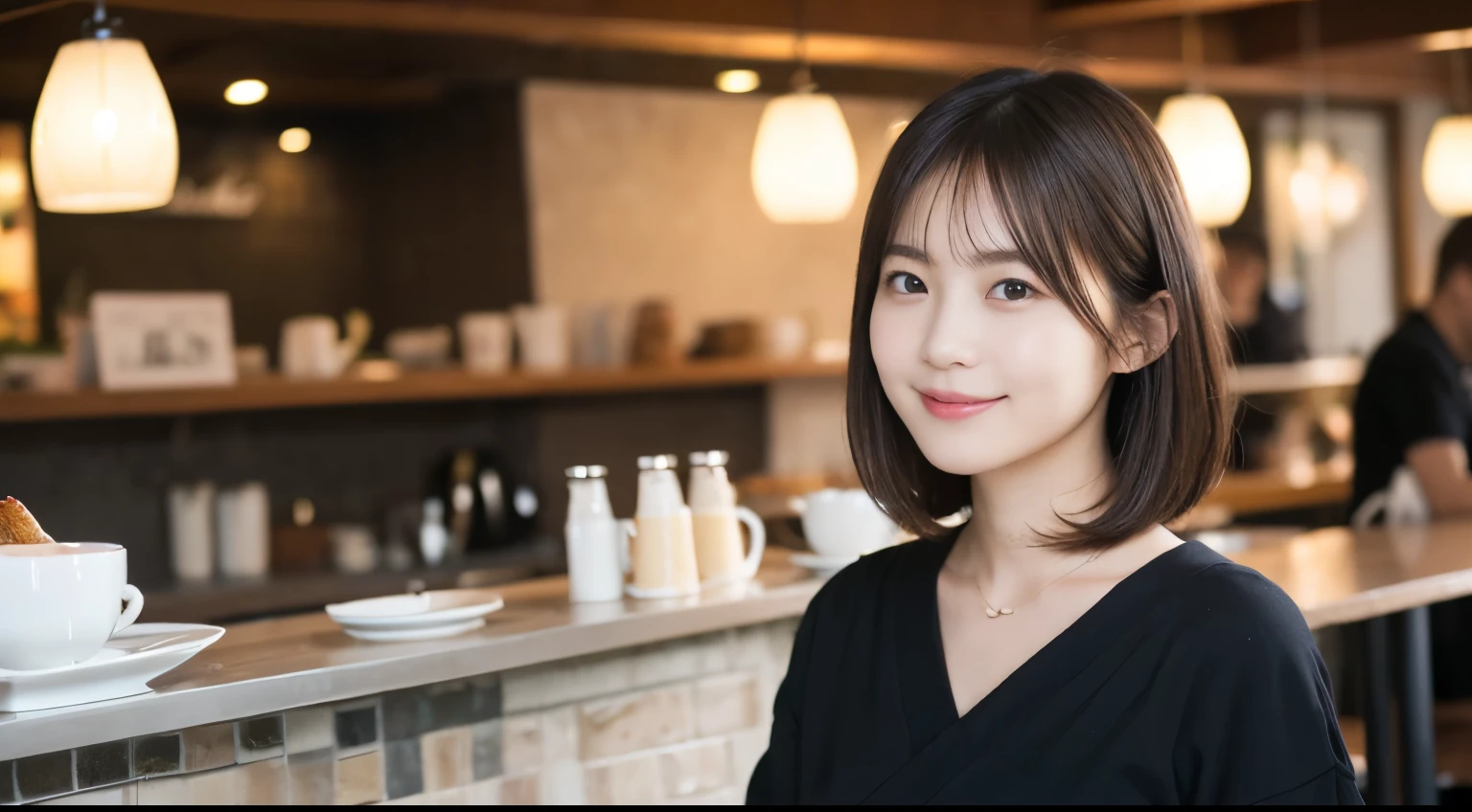 super high quality, Short Hair, Slender, Gravure photoshoot, The staff is working at the counter in the back., (8K、RAW Photos、Highest quality、masterpiece:1.2), Japanese Idol, Stylish café, The cafe is crowded with people enjoying themselves., (Realistic、Photorealistic:1.37), Bob Hair, Mesh Hair, Urban Cafe, Golden Ratio, Raw photo, Cute face , Light Brown Hair, Small breasts, Bright cafe interior, Spring Clothes, Cafe Terrace, Open Cafe, A kind smile, Hair blowing in the wind, Neat clothes, boyish, T-Shirts, 18-year-old, younger sister, Stylish clothes, 
