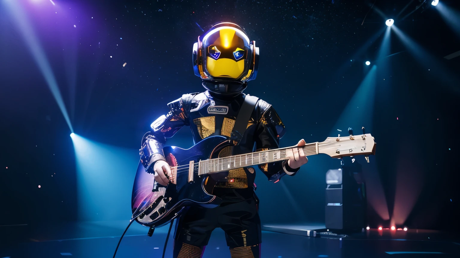 Create in 8k, uhd, A SYBER ROBOT PLAYING ELETRIC GUITAR ON A STAGE super iluminado , SIMULATING OUTER SPACE, metallic golg uniform color