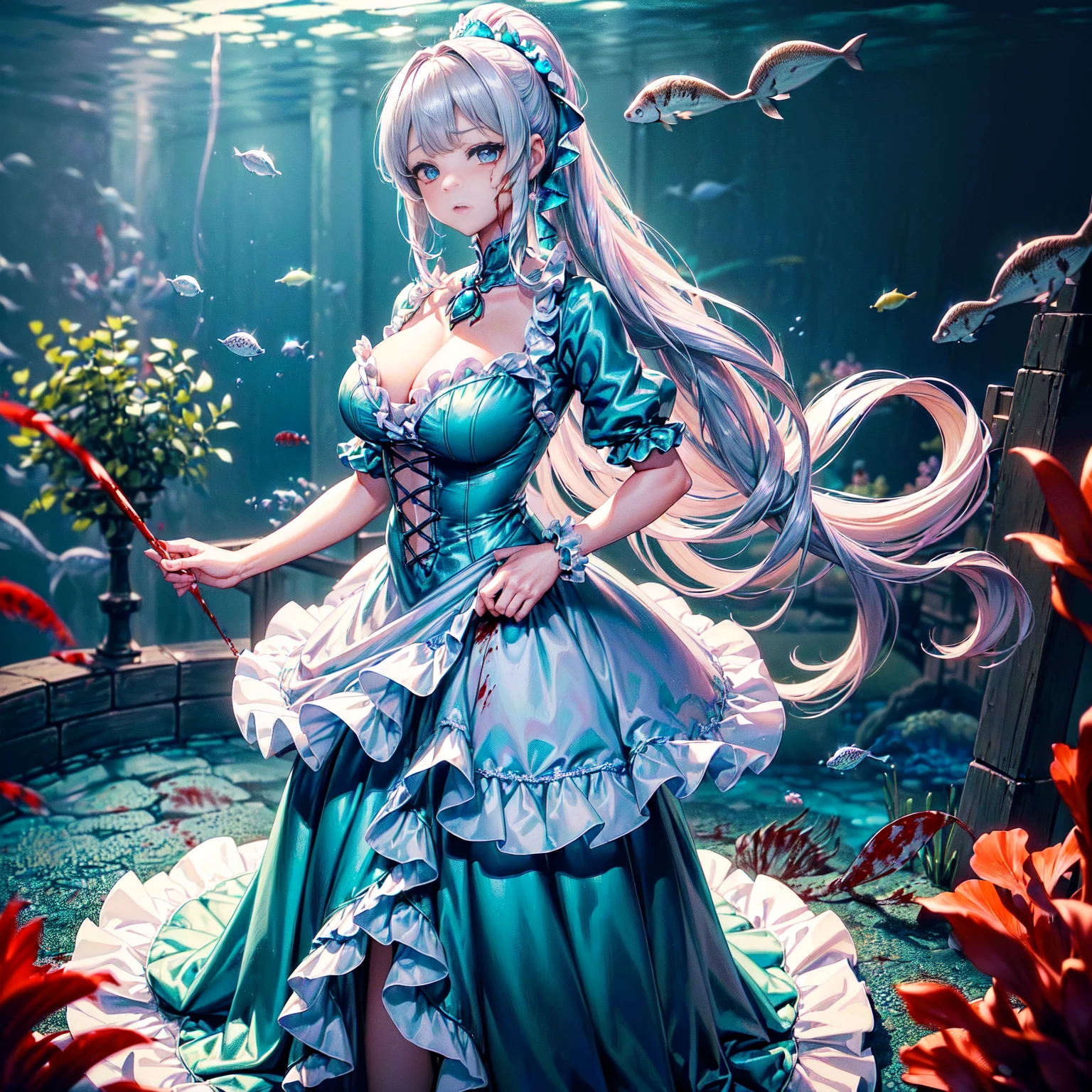 (((Dress Turquoise Dress))), (((The dress features a voluminous hoop skirt and a long hem.、A gorgeous, incomparably gorgeous Rococo Victorian gown, Princess style skirt))), (Gown Shining Dazzlingly Sparkling Reflective Prismatic Transparent Gown:1.2), (Gown A very elaborate gown:1.5), ((Huge breasts)), ((Hair Pink Hair)), ((Ponytail Fluffy Long Ponytail)), (Expressive hair), Very voluminous、非常にLong Hair, bangs, 超繊細で美しいface, Beautiful Lips, (Super detailed 繊細 美しいeye 青いeye), Cleavage, Hair ornaments Silver ornaments, 美しい笑face, (((若いface, Solo Enchanting Adorable Princess, age Girl, pretty girl, very pretty girl))), (Anime Moe Art Style 1.3), (((masterpiece, Super detailed, Highest quality, 超High resolution, Great quality, Exceptional Quality, Super detailed, 超High resolution, Unity 16K, 32k, ultra photo Realistic))), (Dutch Angle, faceフォーカス, eyeの焦点, Realistic, Blurred Background:1.3), (At the aquarium:1.5), (Matte Paint, 8k Matte Painting, 2D Matte Painting, 3D Matte Pixie、Multiple skulls on the ground、周囲に複数のzombie、死んだ腐ったBloodに飢えた邪悪なzombie, Girl Venom, 黒い共to be bornto be born物が付着している, Bloodまみれの, Evil look, Psychopathic, Torn clothes, Torn Costume, sexy, reveal, Combat Stance, Very detailed, Vibrant appearance, Creative Action, Very detailed, Imaginative, Sensual, Voluntary, all breasts, sexy, reveal, Highest quality, skinの質感, Intricate details, (Highest quality, masterpiece, 超High resolution), (8k wallpaper, High resolution, High resolution, to be born), (credibility: 1.4), (whole bodyショット), One Girl, ((Anime Girls)),,(Bloodしぶき:1.6), ((Fantasy Witch Costume)), ((Flowing white hair)), ,(Bloodしぶき:1.6),Female curves, Large Breasts, Thick thighs, sexyな平らなお腹, 完璧なhand, 完璧なアニメのface, ((dark loliress)), Are standing, ((邪悪な笑face)), ,(Bloodしぶき:1.6),Victorian cities, gaslight, Steam circulates, Moonlight Illumination, night間照明, A sky filled with stars and galaxies,(Bloodしぶき:1.6),アニメzombie魔女デザイン, ねじれた笑face、Bloodまみれの、頭からの出Blood、Bloodしぶき、,(Bloodしぶき:1.6),Crossbones, skull, Streetwear Design, protector, Horror Style, Full Design, Huge breasts, Very detailed, Realistic, Dark fantasy, Gloomy atmosphere, Intricate details, Crazy Smile, 狂ったeye, A cute and stylish hair band,(masterpiece:1.2, Highest quality), Scary atmosphere、Distorted facial expressions、Horror Art、Bloodの雨、Bloodを流す、Bloodしぶき,(Bloodしぶき:1.6),悪魔のeye、greenいeye、scar、火scar、whole body、Torn hair of a woman dressed in slave clothing、(Long Hair)、(eyeにかかる長さのbangs)、Black Hair、(((eyeの下のクマ)))、green白いskin、Feeling unwell、Pathological、邪悪な笑face、狂ったeye、(Grin)Dramatic makeup,Create mixed media art、,Horror 1 Girl, Open_mouth, , green_eye, Blood, Tilt_red_skin, Injury, Blood_In addition_face, Bandaged_arm, Blood_In addition_zombie, Blood_In addition_hand , Open your eyelids wide, The trend is all, mouthを大きくOpen, mouthを開けてteethをむき出しにする,獣のような鋭いteeth, Wide lips, 非常に広いmouth, Vermilion cheeks, blonde, ,(Bloodしぶき:1.6),Princess Cut, Ribbon hair ornament, brooch, Otaku Room, Well-built body, Nice body, Ample breasts, Thick body,eyeを大きく開いて、Scary atmosphere、Distorted facial expressions、ねじれた笑face、Bloodまみれの、頭からの出Blood、Bloodしぶき、whole body、,(Bloodしぶき:1.6),Long Hair、長めのbangs、Well-built,Broad shoulders,I focus,(face),Messy Hair,いeye,(光るeye),green信号,笑face,big 笑face,teeth,psycho 笑face,gesugao,Dark city background,darkness,night,(close),良いeye, 良いteeth,サディスティックな笑face,,all,光沢のあるskin,詳細なface,Beautiful body, mouthからの白い息 Luxurious lace long gloves、A charming Western alley、Gothic architecture、Western architecture、Fantasy World、