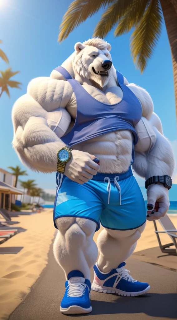 huge muscular polar bear dad in street city, big smile, polar bear, huge white fur, thick arm, huge arm, bearded. white hair and beard, bearded, (muscular, pectoral, wide pectoral, thick arms), beach, palm, realistic, 8k, masterpiece, (wearing blue gym shorts, wristbands, watch and tank top, gym shoes)