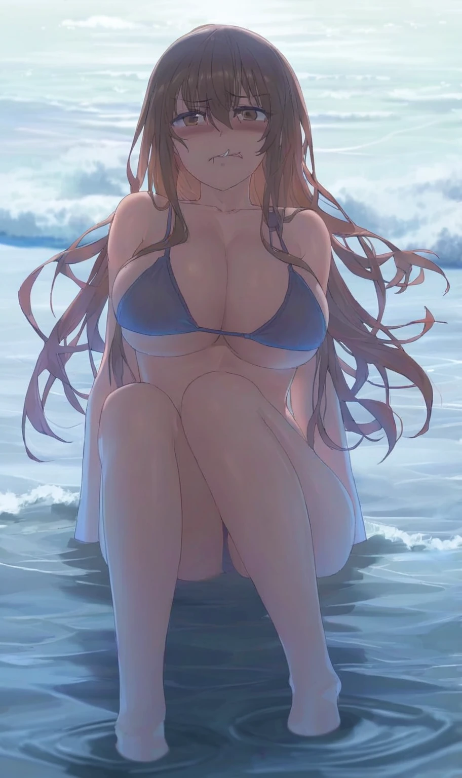anime girl in a bikini sitting in the water, at the sea, in the beach, in the ocean, seductive anime girl, ,ashamed, biting lip,eyes closed, fringe, , secretary, brown eyes, pretty face, , in elevator, unbuttoned untucked shirt, bra,, fat ugly bastard, (breast grab:1.1), ripped open shirt, torn shirt, squashed, pinned, pov