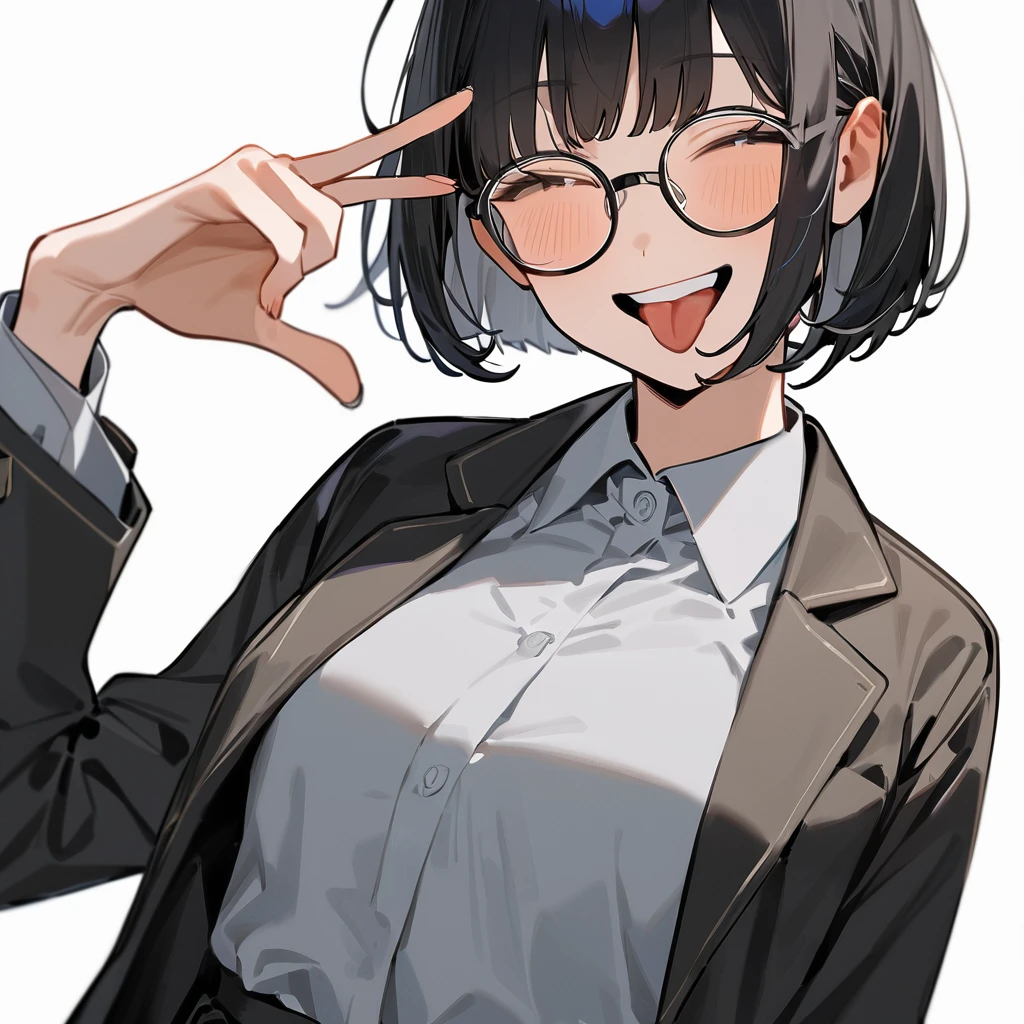 masterpiece, Highest quality, so beautiful, Absurd,
One girl, alone, Black Hair, Bobcut,
Thermont 16A, Glasses,
Collared shirt, Happy, smile, Sticking out tongue、View your viewers, Glassesの調整, White Background, Simple Background,