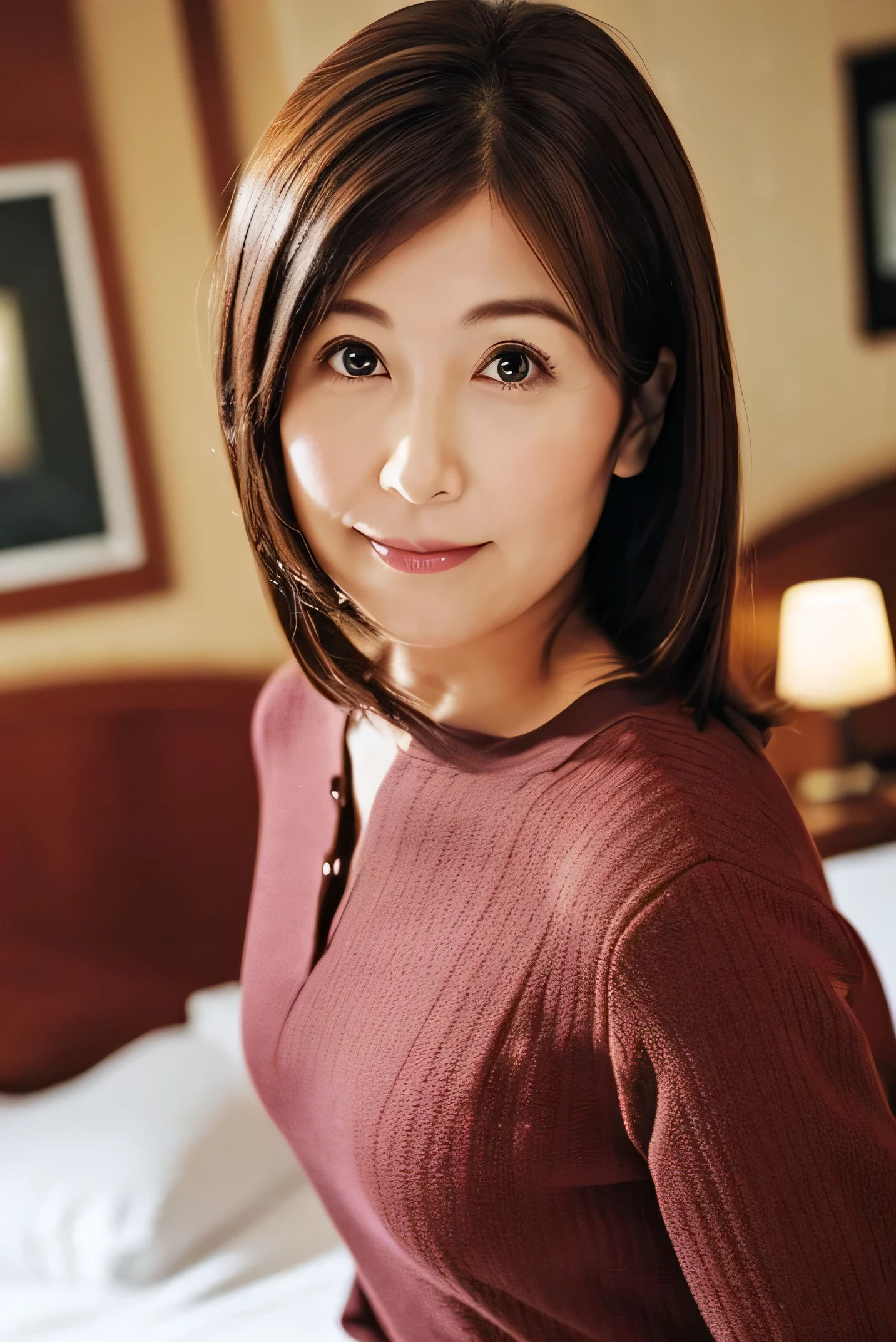 (Highly realistic photos, High resolution, Detailed face, Fine grain, Different angles) Japanese women, 40 years old, Cute face, Mr.々Body type, Mr.々Hair style, Tight clothing, ((Hotel Rooms))、(Blur the background)、((View your viewers))