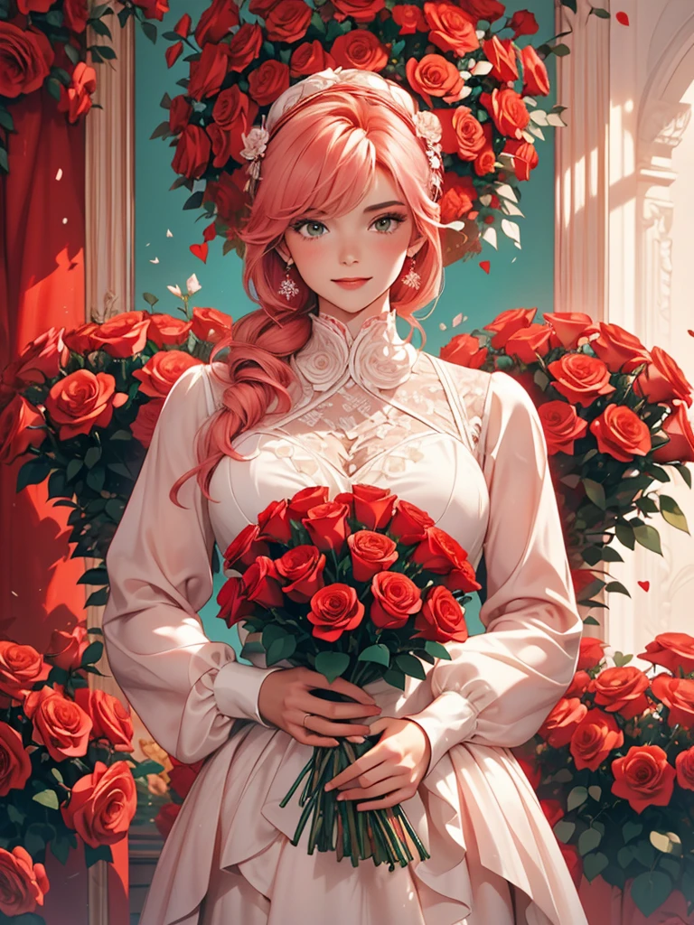 The image depicts a person holding a large, heart-shaped arrangement of red roses against a teal background. The individual is wearing a pale pink or white outfit that contrasts with the vibrant red roses. The overall scene exudes a romantic and perhaps celebratory atmosphere.