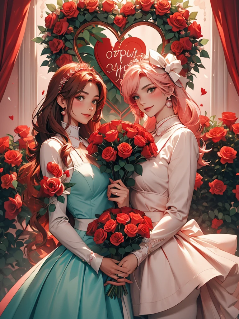 The image depicts a person holding a large, heart-shaped arrangement of red roses against a teal background. The individual is wearing a pale pink or white outfit that contrasts with the vibrant red roses. The overall scene exudes a romantic and perhaps celebratory atmosphere.