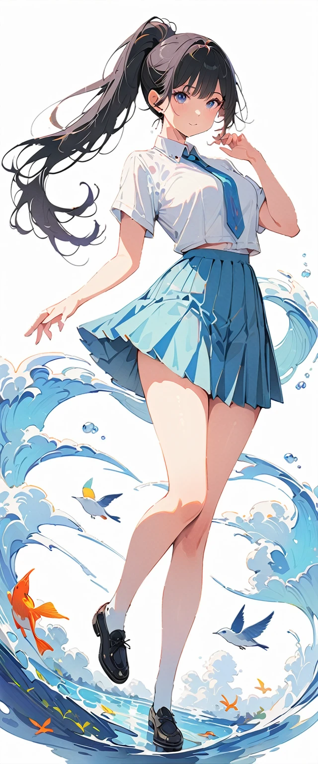 20-year-old,One mature woman,Surreal, 8K, (Extremely detailed 8K), (Very delicate and beautiful), (masterpiece), (Better Quality:1.0), (Ultra-high resolution:1.0), (masterpiece, Highest quality),cute,Black Hair,ponytail,whole body,White Background,Realistic Skin,Collared shirt, Pleated skirt,Model pose
