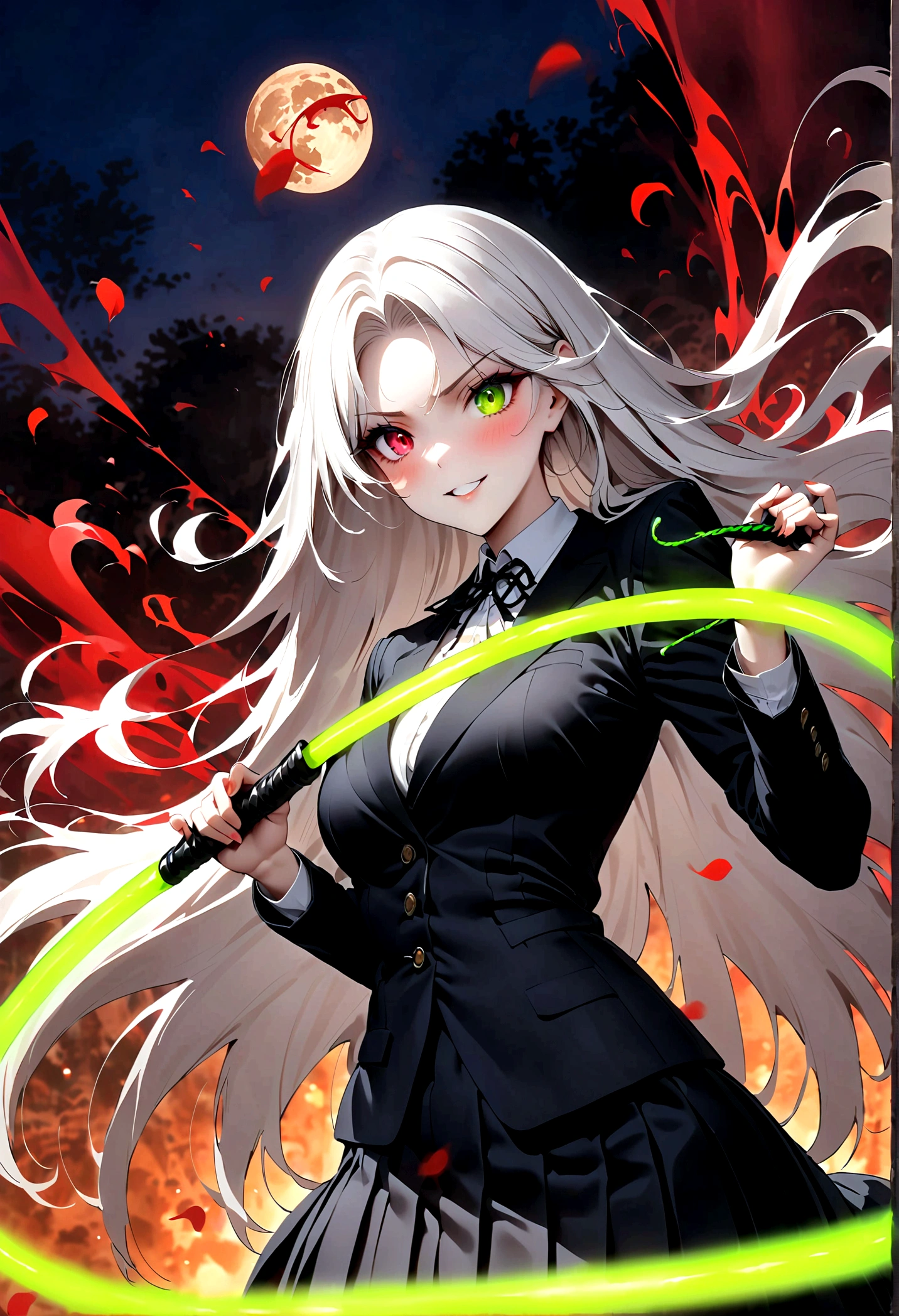 Japanese Anime，1 girl swinging a whip，Smile，White long haire  butterflys，Anime style，body movements，Sense of Power，Force Value，(((Heterochromia：1.37)))，(((Black pleated skirt，)))，Elegant Posture、Red Moon、dark purple tones，Elegant and atmospheric。，(((Fluorescent green whip：1.37。Motion blurred，Motion Blur)))，Petals in the sky，Blurred foreground，Face Focus
