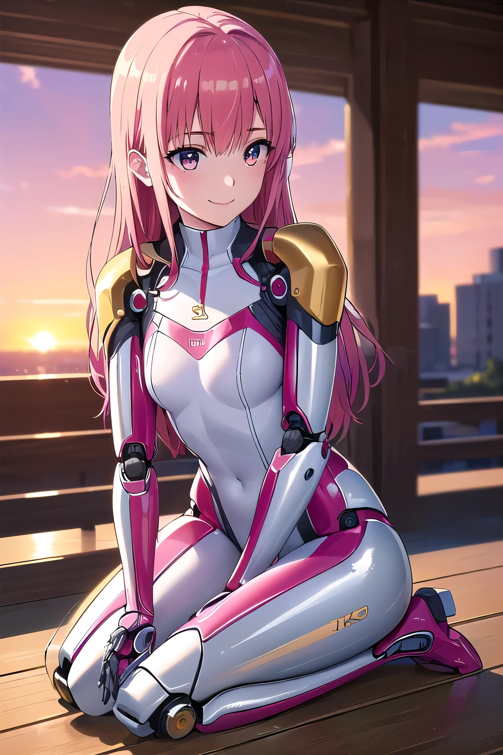 (8K, top-quality, masterpiece:1.2), (reallistic, Photorealsitic:1.37), Super Detail, One girl,), (Highly detailed), (beautifully detailed eyes), (of the highest quality), (super detailed ), (masterpiece), (Detailed face),20yr old, ,1 girl, ((pink hair,long hair)), medium breasts, clothed, Perfect Lighting, BREAK, (metallic red and gold:1.2), (glossy robot suit:1.5), (outerwear with shoulder and chest details:1.3), (tight innerwear with high neck:1.3), (bodysuit:1.3), (boots:1.3), (metallic accessories:1.3), (woman:1.2), (1 girl:1.2), BRAKE, (upper body to thighs:1.2), (pink long hair:1.2), (smiling:1.2), (facing forward:1.2), (seiza:1.3), (future city:1.2), (backlit by sunset:1.2)