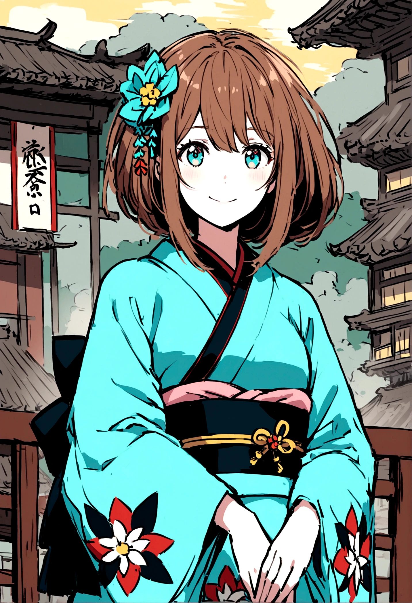 A cheerful girl who looks like the anime Gantama. Her hair is short brown, her eyes are turquoise, and she wears a kimono