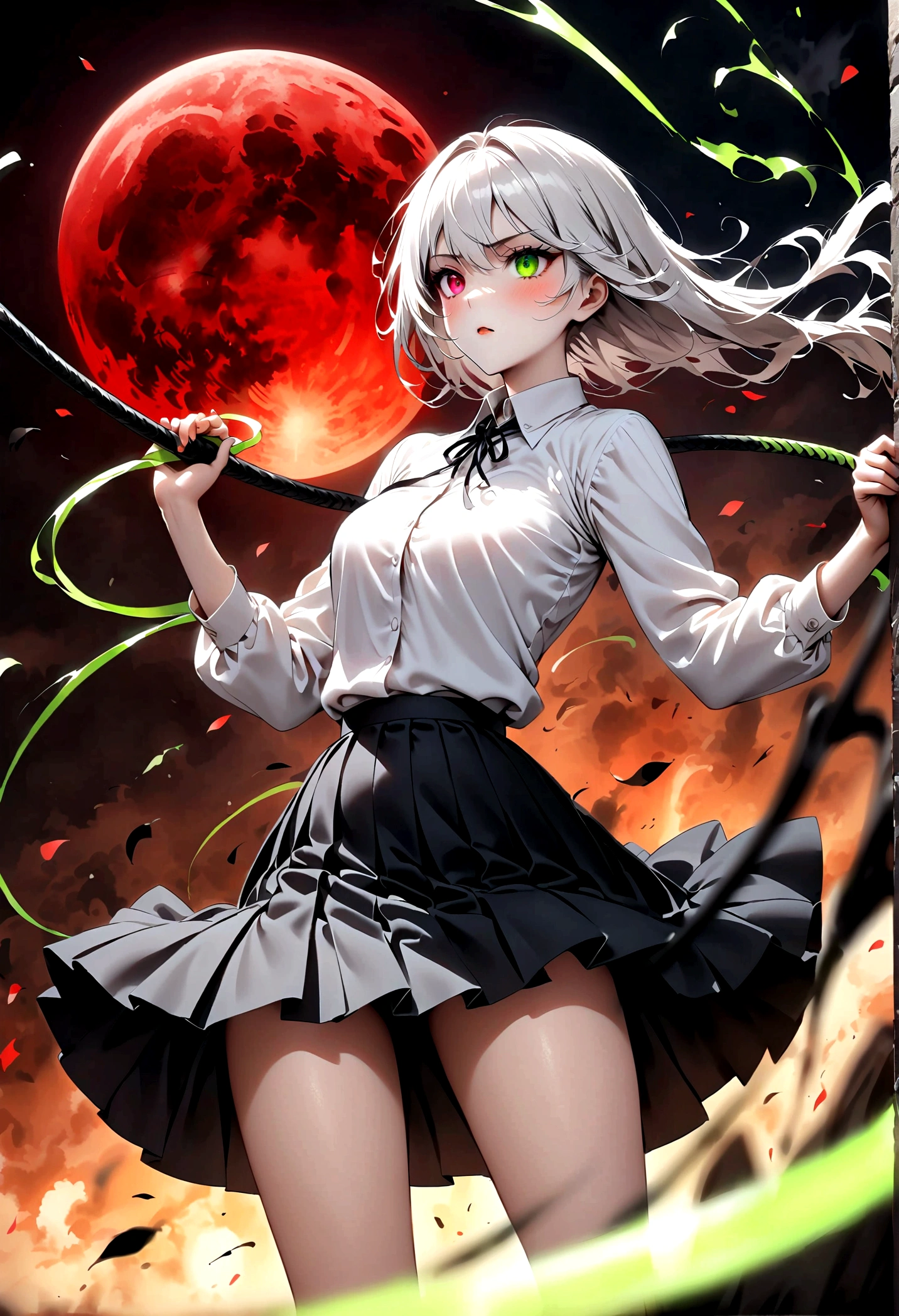 Japanese Anime，1 girl swinging a whip，White long haire  butterflys，Anime style，body movements，Sense of Power，Force Value，(((Heterochromia：1.37)))，(((Black pleated skirt，)))，Elegant Posture、Red Moon、dark purple tones，Elegant and atmospheric。，(((Fluorescent green whip：1.37。Motion blurred，Motion Blur)))，Petals in the sky，Blurred foreground，Face Focus