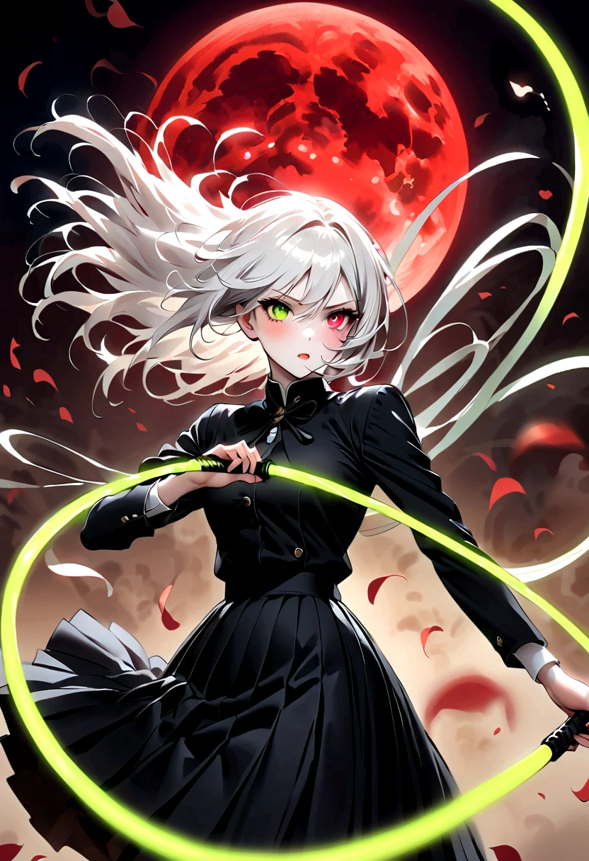 Japanese Anime,1 girl swinging a whip,White long haire butterflys,Anime style,body movements,Sense of Power,Force Value,(((Heterochromia:1.37))),(((Black pleated skirt,))),Elegant Posture、Red Moon、dark purple tones,Elegant and atmospheric。,(((Fluorescent green whip:1.37。Motion blurred,Motion Blur))),Petals in the sky,Blurred foreground,Face Focus
