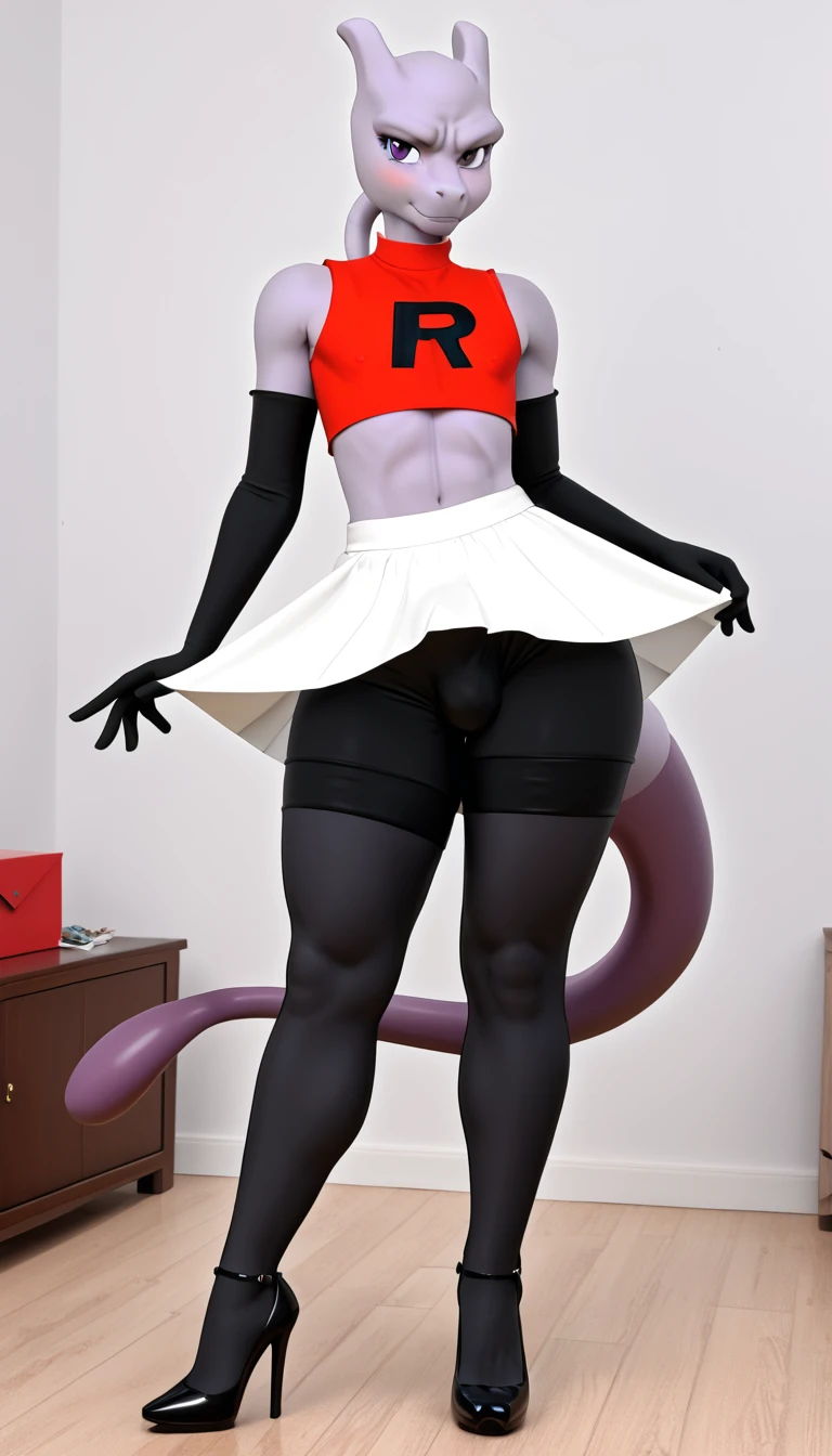 furry, Mewtwo, crossdresser, bedroom, fat ass, wide hips, curvy male, voluptuos, stand, full body, masterpiece, ultra high quality, detailed face, detailed hands, detailed body, heels, by fluffedwings, by blackwhiplash, sugestive, sexy, beatiful, shy smile, blushed, fat ass, fat breasts, team rocket,team rocket uniform, white skirt, red letter R, crop top, black thigh-highs, black elbow gloves, lifting her top, flat chest, bulge, erection under skirt,