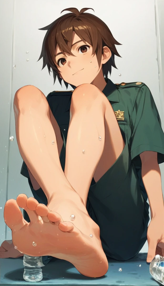 anime, One boy, Handa Shinichi, Brown Hair, Brown eyes, stop temporarily,Composition looking up from below、please sit down、A plastic bottle next to、Tired face、No background、(Master Parts:1.2, Highest quality), alone, Sitting, Show off your legs, Showing legs,showing alone, Natural materials,Face close-up,smile, Troubled face,Point your foot at the camera,Shorts, uniform,juvenile, Detailed face, Correct anatomy of the foot, Foot Anatomy, Sexy legs,Sweaty,Water Drop, Feet pointing towards the viewer, Detailed feet, Correct anatomy of the foot,