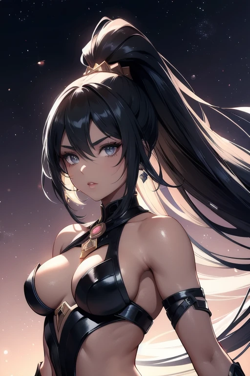 1 Black Girl as Sheeva Mortal Kombat , completely naked, dark evening, planets in the background, pastel colours, ink drops, autumn lights, star eye, black long hair, black eyes, engine unreal, side lighting, face detailed, , shining skin, simple background, darkness background, complete body