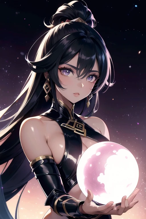 Create an image of Lyra, a member of the Warlock clan and twin sister of Mirella. Lyra should be depicted as a striking and formidable figure with a sense of underlying envy and intensity. She has a sharp, angular appearance that reflects her powerful and mystical nature. Her long, ash brown hair flows elegantly, with its color contrasting against her dark and rich attire. Her eyes are intense and piercing, with a hint of frustration or longing.

Lyra wears a sophisticated and elaborate robe or gown adorned with arcane symbols and intricate designs, emphasizing her magical prowess. The attire should be dark and rich in color, such as midnight blue or deep violet, with subtle glowing accents that reflect her mastery of other forms of magic. Include magical artifacts or accessories that showcase her formidable abilities but omit the time-related motifs that Mirella has.

The setting could be a dimly lit chamber filled with arcane artifacts, ancient tomes, and magical constructs, contrasting with the grandeur of Mirella’s environment. The atmosphere should convey a sense of unresolved tension and envy, with Lyra’s presence hinting at her struggle and desire for the time-controlling powers she lacks. The overall mood should blend her formidable magical prowess with the subtle hints of her envious nature.