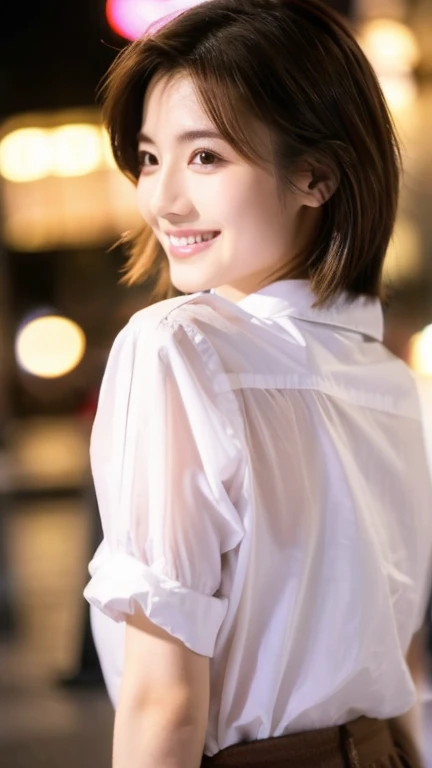 Highest quality、Japanese women、The most beautiful woman in the world、sexy、Brown Hair、Short Hair Style、Small face、Beautiful skin、night、Large breasts、White shirt、A big smile、Realistic、look back