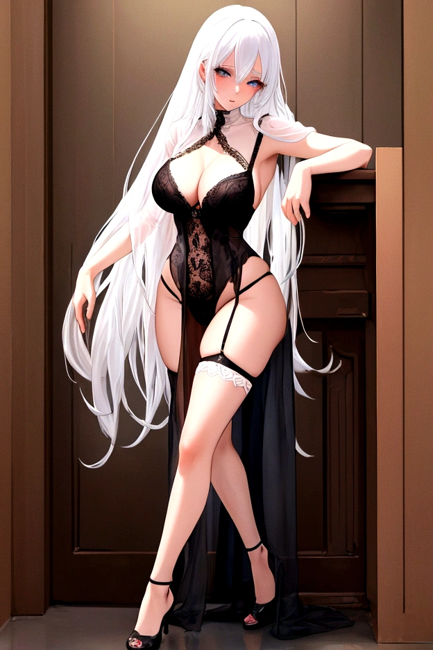 Woman with knee-length white hair in see-through lingerie