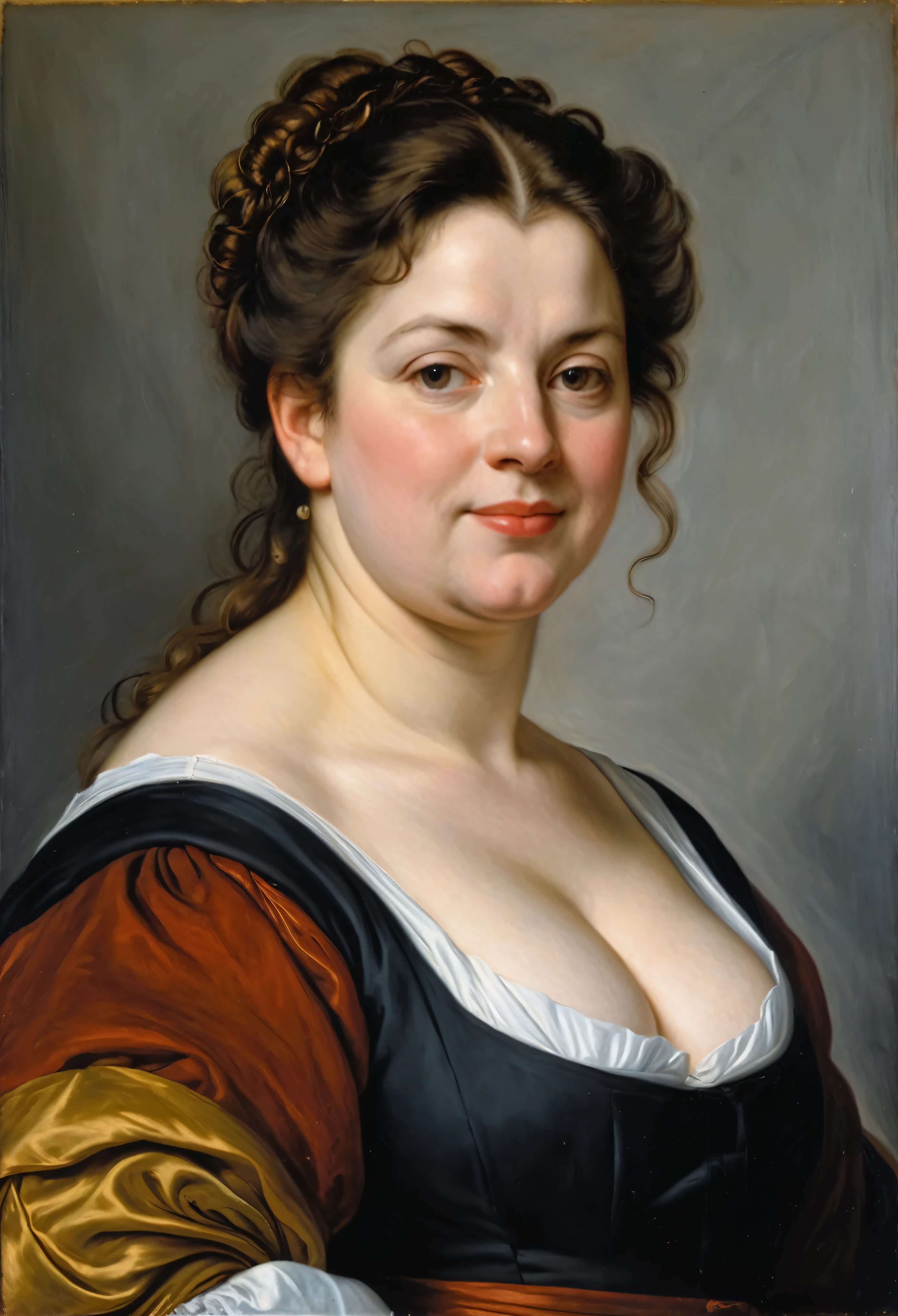 portrait painting of a thick Beautiful middle aged woman, busty maid, extremely gorgeous , by Peter Paul Rubens, in Peter Paul Rubens style, by Caravaggio, intricate, flawless, masterpiece, Best quality,