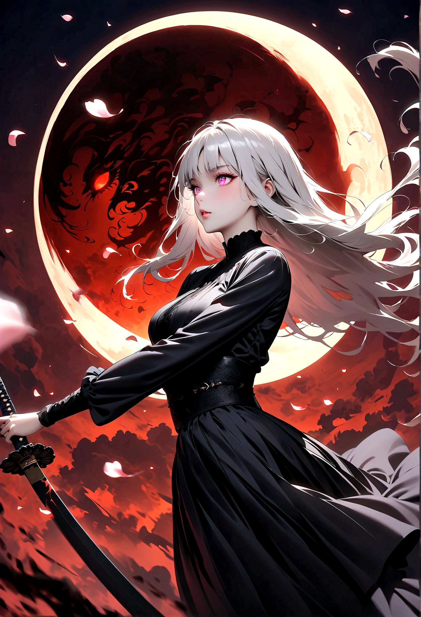 1 Girl, Beautiful and delicate eyes, Heterochromia,Beautiful and delicate lips, Extremely detailed eyes and face, Long eyelashes, Elegant Posture, White long hair, Black pleated skirt, (((Glowing katana, Motion Blur, Petals in the air,))) Blurred foreground, Focus on the face, Japanese anime art style, Powerful energy, Dynamic Action, Red Moon, dark purple tones,