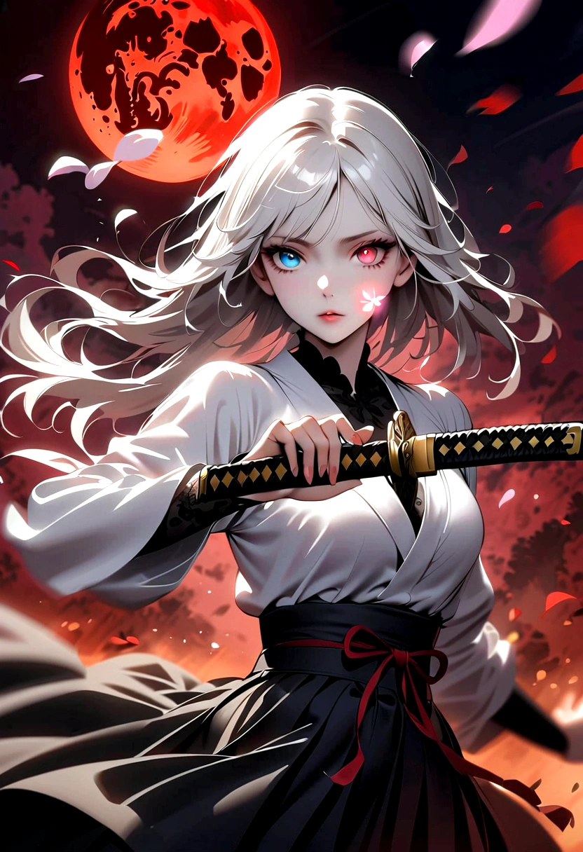 1 Girl, Beautiful and delicate eyes, Heterochromia，Beautiful and delicate lips, Extremely detailed eyes and face, Long eyelashes, Elegant Posture, White long hair, Black pleated skirt, (((Glowing katana, Motion Blur, Petals in the air,))) Blurred foreground, Focus on the face, Japanese anime art style, Powerful energy, Dynamic Action, Red Moon, dark purple tones,