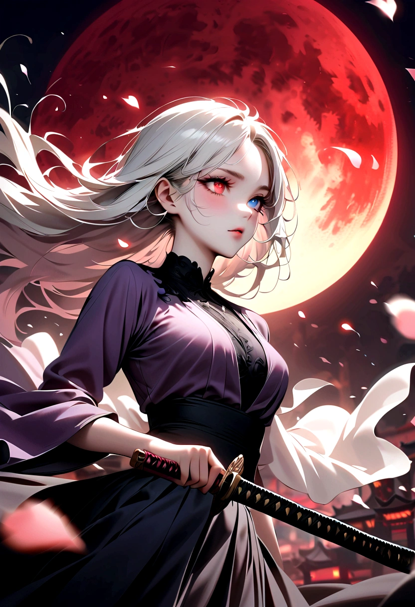 1 Girl, Beautiful and delicate eyes, Heterochromia，Beautiful and delicate lips, Extremely detailed eyes and face, Long eyelashes, Elegant Posture, White long hair, Black pleated skirt, (((Glowing katana, Motion Blur, Petals in the air,))) Blurred foreground, Focus on the face, Japanese anime art style, Powerful energy, Dynamic Action, Red Moon, dark purple tones,