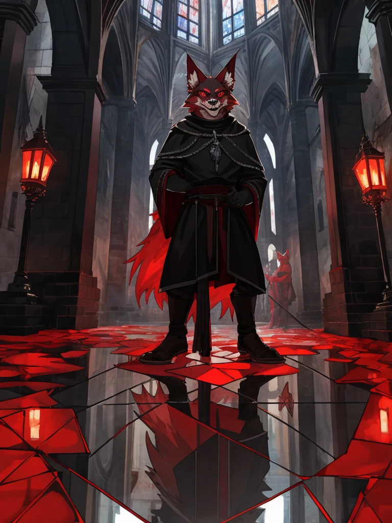 furry,sclera,red iris,Illustration of many red wolves,,Lights and reflections, heavily clouded, Architecture of medieval Europe, Glazed tiles,Hell version of the background