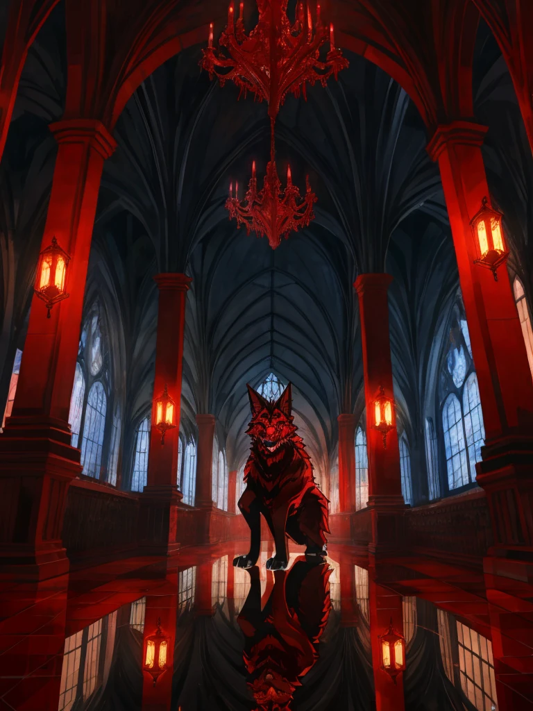 furry,sclera,red iris,Illustration of many red wolves,,Lights and reflections, heavily clouded, Architecture of medieval Europe, Glazed tiles,Hell version of the background