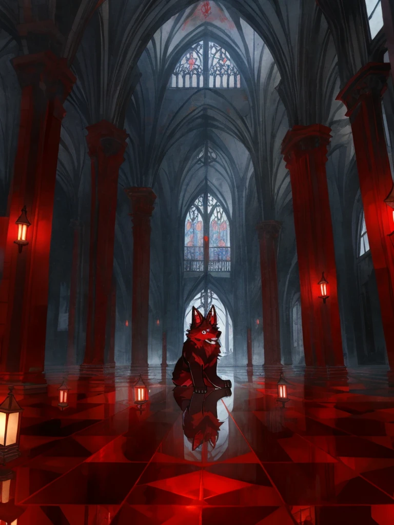 furry,sclera,red iris,Illustration of many red wolves,,Lights and reflections, heavily clouded, Architecture of medieval Europe, Glazed tiles,Hell version of the background