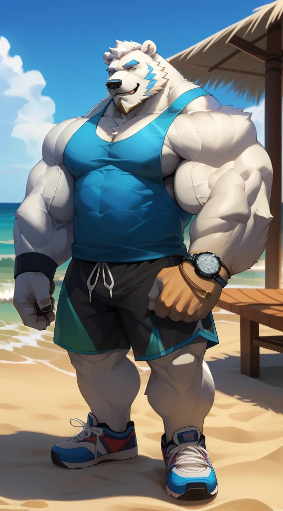 huge muscular polar bear dad in street city, big smile, polar bear, huge white fur, thick arm, huge arm, bearded. white hair and beard, bearded, (muscular, pectoral, wide pectoral, thick arms), beach, palm, realistic, 8k, masterpiece, (wearing blue gym shorts, wristbands, watch and tank top, gym shoes)