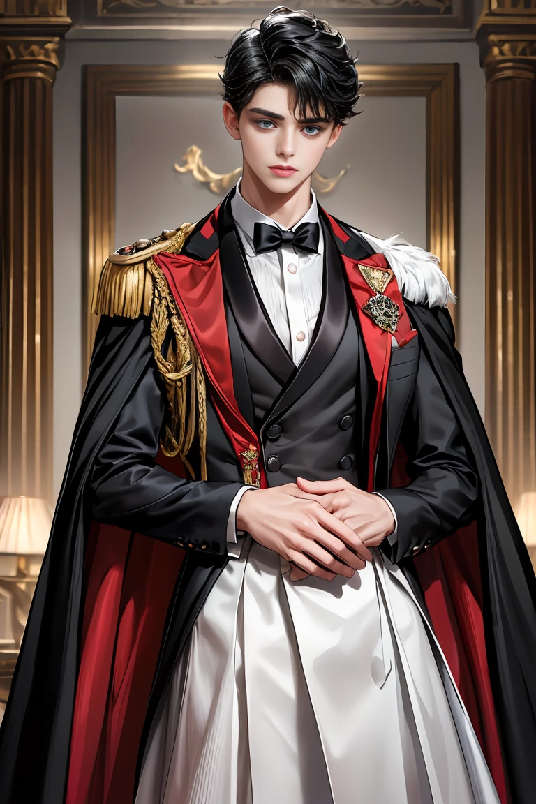 masterpiece, 最high quality, high quality, 1 boy, alone, Male focus, Watching the audience, Messy black hair, Adorable big blue eyes, White people, Noble, Noble,Sexy voluminous black and red cape、Tuxedo、A very voluminous, large, very large, very large, long, long red and black cape with a high stand-up collar, reaching down to the floor, made of a lot of fabric., 17 years old,Cute beautiful boys,Cute, cute, kind, handsome guy