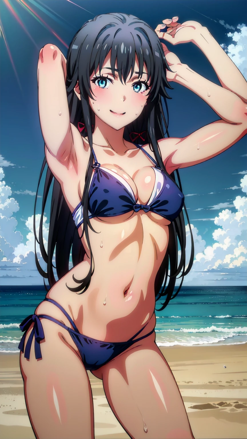  (yukinoshitaYukino:1.5),masterpiece, best quality, absurdres, 1girl, Smiling, looking at the viewer, blue theme, blue background, cloudy sky, sunlight, sweat, orgasmic, bikini swimsuit, medium breasts, cleavage, belly button exposed, collarbone, thighs, sea and beach,