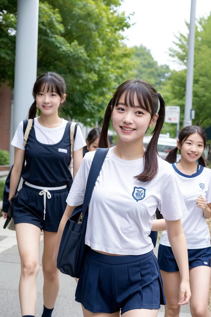 {2 | 3} girls walking in school street, white school t-shirt with blue trim,navy blue swimming briefs,school bag,18-year-old,bangs,a little smile,thighs,knees,short hair with low pigtails bunches,from below,front light