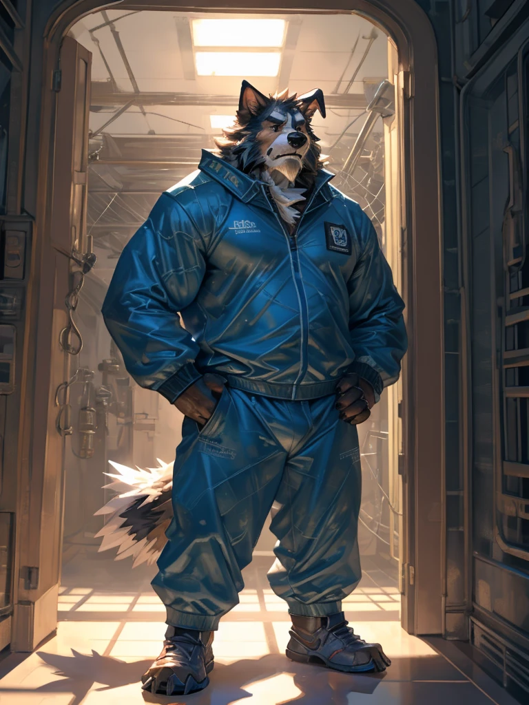 By Taran Fiddler, one man, anthro canine (Bearded Collie breed), adult male, elderly, slightly wrinkled face, bushy eyebrows, stern facial expression, grumpy, bushy mustache, slightly short stature, dilf, hands on his hips. standing in a hallway, wearing plain blue track suit, leaning against wall, oil rig, inside