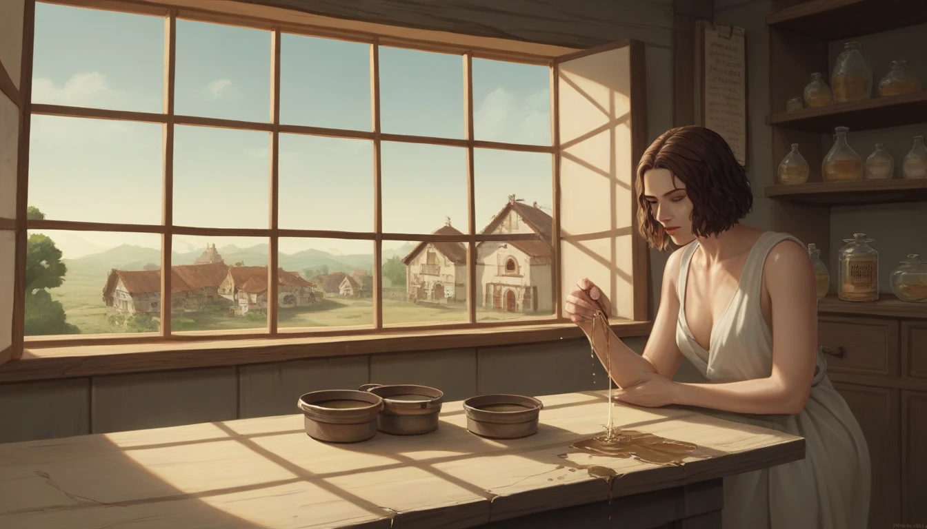 (The Oiled Widow and the Prophet Ezekiel), (ancient middle eastern village), (widow pouring oil from a jar as Ezekiel watches), (biblical narrative moment), (modest house with mud walls and simple furniture), (soft, natural light filtered through a window), (inspirada por Rembrandt), (realisitic), (digitalpainting), (historical scene), (earthy tones with golden and brown highlights), (high resolution, ultra detali), (masterpiece quality) with religious elements