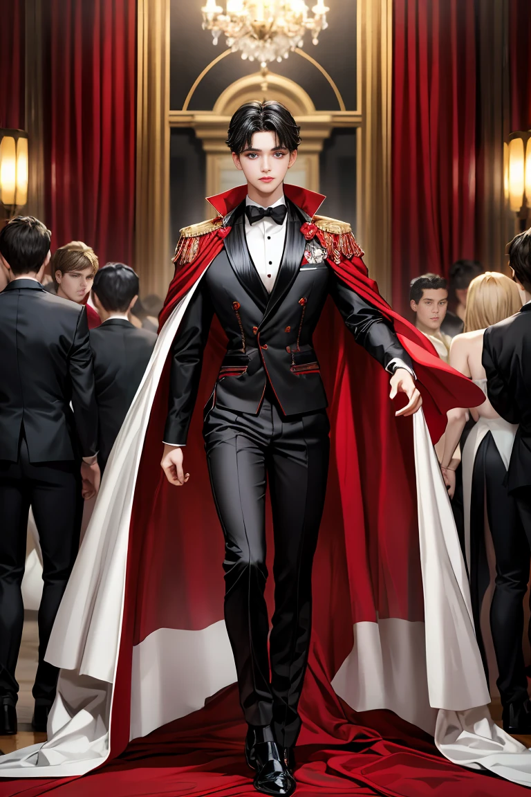masterpiece, 最high quality, high quality, 1 boy, alone, Male focus, Watching the audience, Messy black hair, Adorable big blue eyes, White people, Noble, Noble,Sexy voluminous black and red cape、Tuxedo、A very voluminous, large, very large, very large, long, long red and black cape with a high stand-up collar, reaching down to the floor, made of a lot of fabric., 17 years old,Cute beautiful boys,Cute, cute, kind, handsome guy