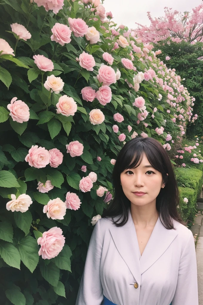 there is a woman standing in front of a bush of flowers, a polaroid photo, a colorized photo, inspired by Naomi Okubo, paru itagaki, etsuko miura, elegant japanese woman,  50 - year - old, akiko takase