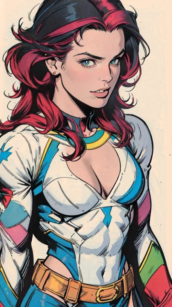 masterpiece,extremely beautiful woman,Excellent sense,cleavage,(((perfect very white background))),American Comics,(((The Perfect One Woman))),(speech bubble),strongest,(((one person))),colorful,Rainbow-colored,Highly detailed upper body,breast enhancement,Lines,highly detailed face,
