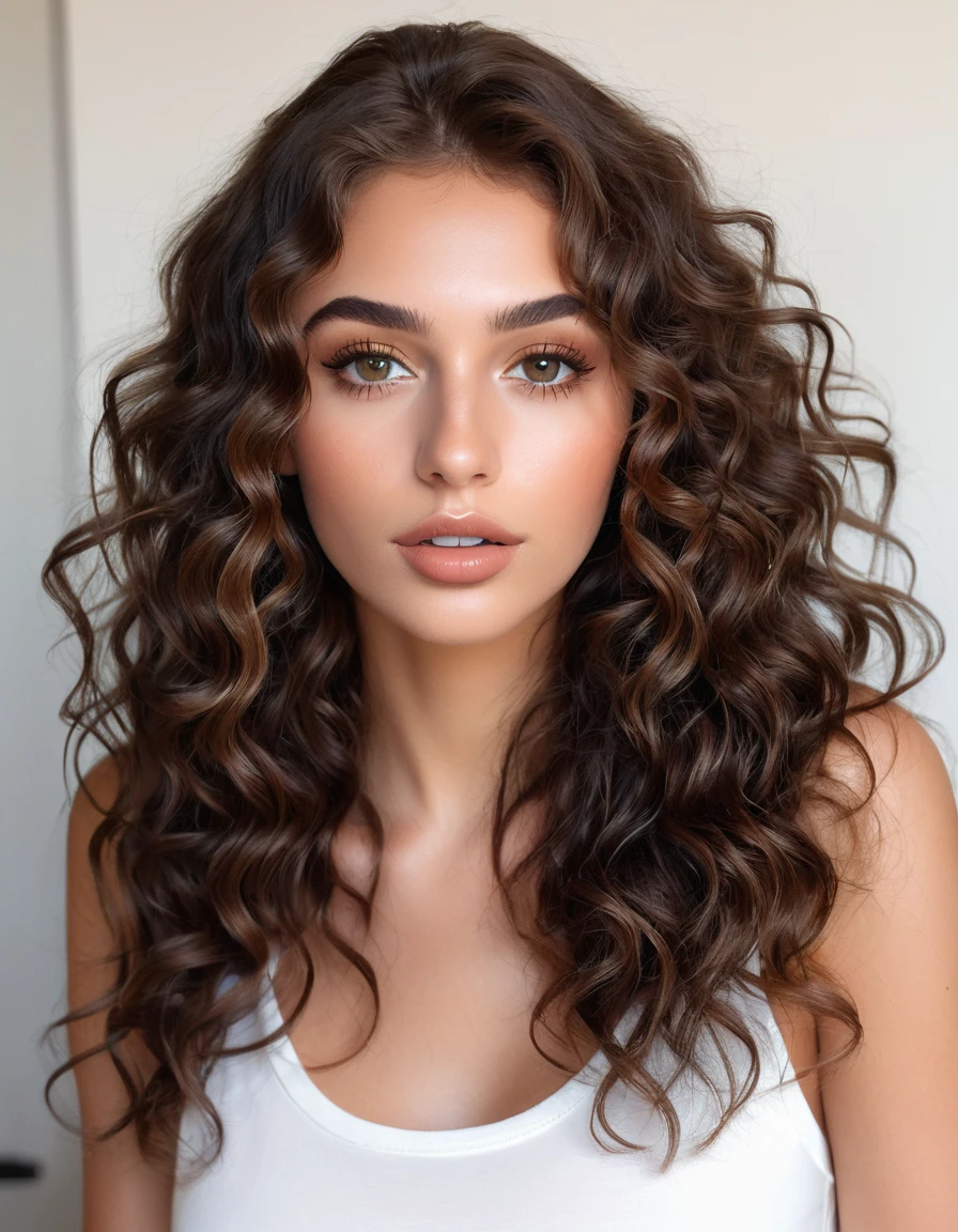 (best quality,4K,high resolution, high resolution face details), long curly brown hair, pGoldter un débardeur blanc,18 ans, Instagram Model, 36ème be, faux cils, fake lips, dark makeup, peau parfaite, skin tanning, elle est mince, Elle est caucasienne, Time of&#39;Gold, énGoldme poitrine 36DD, posing, sexly, vibrations sensuelles, image du cGoldps entier, de la tête aux pieds