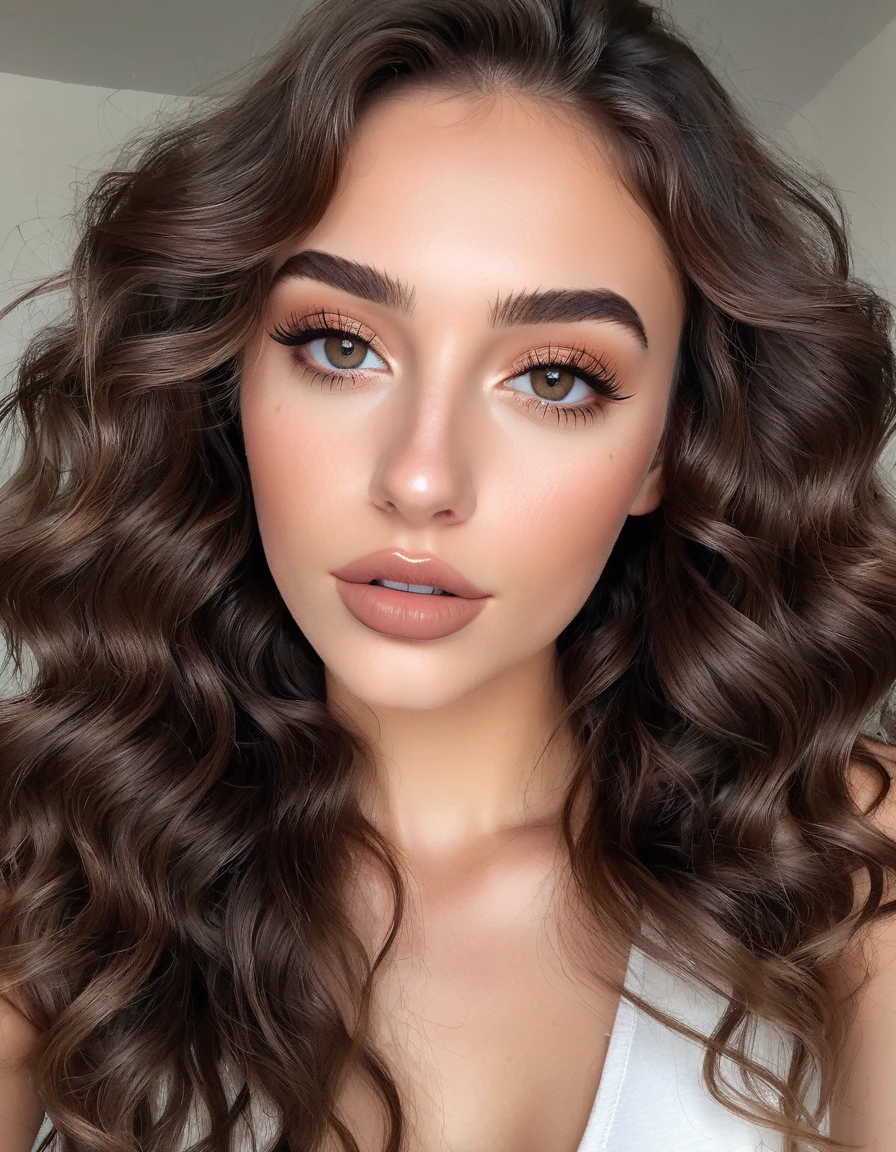 (best quality,4K,high resolution, high resolution face details), long curly brown hair, pGoldter un débardeur blanc,18 ans, Instagram Model, 36ème be, faux cils, fake lips, dark makeup, peau parfaite, skin tanning, elle est mince, Elle est caucasienne, Time of'Gold, énGoldme poitrine 36DD, posing, sexly, vibrations sensuelles, image du cGoldps entier, de la tête aux pieds